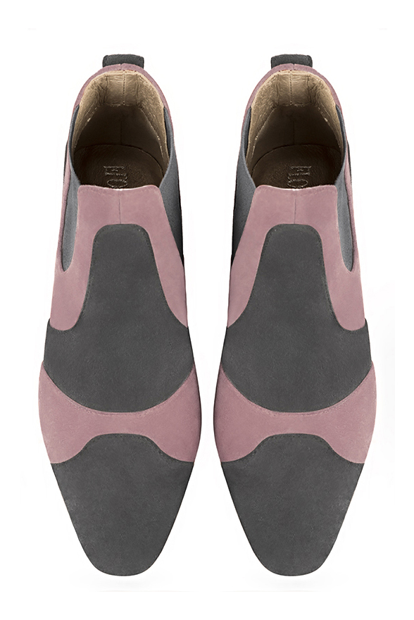 Dark grey and dusty rose pink women's ankle boots, with elastics. Round toe. Low flare heels. Top view - Florence KOOIJMAN
